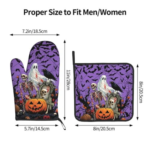 Halloween Pumpkin Oven Mitts and Pot Holder Set of 2 Spooky Ghost Bat Heat Resistant Kitchen Gloves Hot Pad for Baking Cooking Grilling BBQ (Halloween Purple)