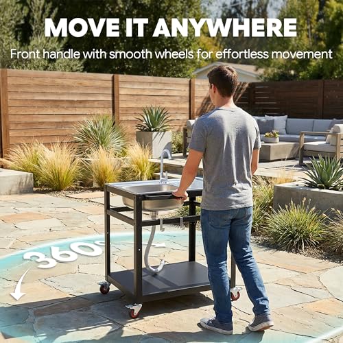 35" Movable Outdoor Grill Cart with Stainless Steel Sink & Faucet (Sliver)