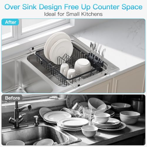 Gray Dish Drying Rack Over the Sink with Utensil Holder (Dark Gray / For 12.5"-30"w Sink, Expandable)