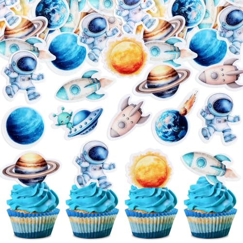 40Pcs Edible Space Astronaut Cupcake Toppers Solar System Galaxy Universe Planets Cupcake Picks Drink Topper for Outer Space Baby Shower Boys Blue Planet Birthday Party Cupcake Decorations (Edible Space)