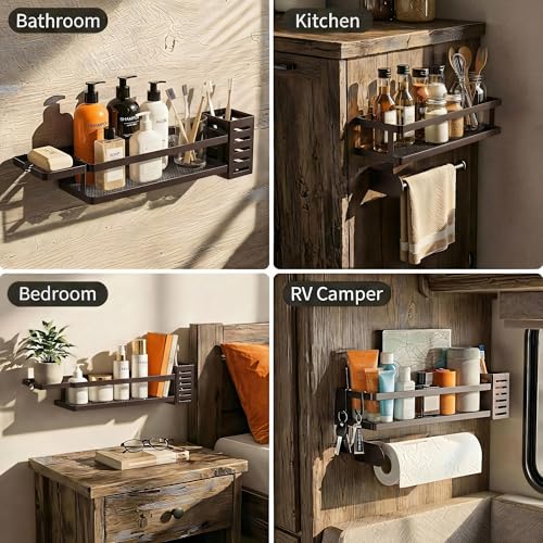5-in-1 Shower Caddy & Kitchen Organizer Set, Wall Mount Wide Spice Rack with Paper Towel Holder, Utensil Holder, Soap Dish, Rustproof Mesh Baskets Hold 50LBS - Vintage Bronze, Guardrail (Vintage Bronze / 5-in-1 Minimalist (12.6" Wide))
