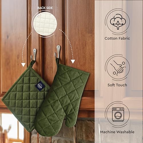 Oven Mitts and Pot Holders Set (Oven Glove + Pot Holder / Leaf Green)