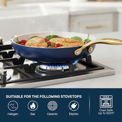 15 Pc Ceramic Pots and Pans Set Non Stick (Navy Cream / 15 Piece Set)