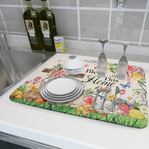 Easter Farmhouse Dish Drying Mat Funny Animal Microfiber Dish Pad for Kitchen Counter Large 18 X24 In (Colorful Farmhouse Animal / 24" x 18")
