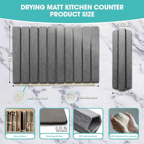 Dish Drying Mat Stone Bath Mat Diatomaceous Earth Stone Drying Mat For Kitchen Counter Sink Bath Mat Quick Dry Non Slip Foldable Dish Drying Rack Mat Large (24" x 16")