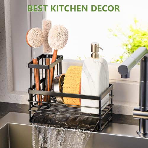 Sink Caddy Sponge Holder for Kitchen with Brush Holder and Stainless Steel Self Drain Tray (8.26'' / Black)