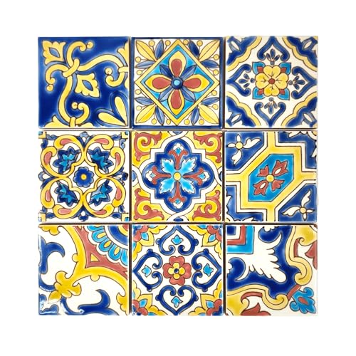 Set of 9 Decorative Ceramic Tiles (Yellow & Red / 4" x 4" (45 Tiles - 5 Sq Ft))