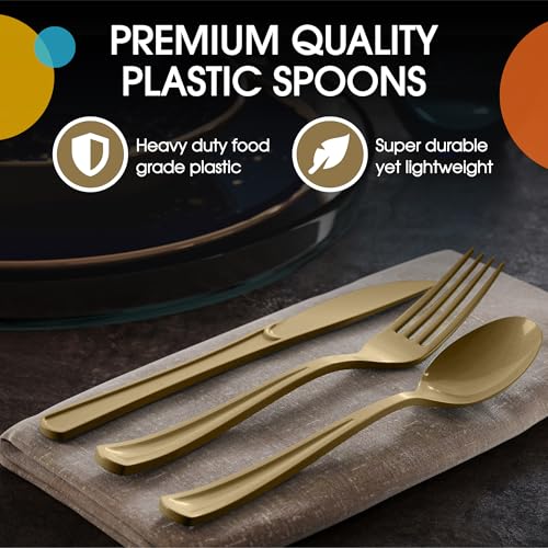 Party Solids Gold Plastic Spoons 200 Pieces Gold Spoons Disposable Utensils Heavy Duty Plastic Cutlery Set Disposable Cutlery Sets Flatware Sets Silverware Set Party Supplies & Party Tableware (Gold / Spoons)