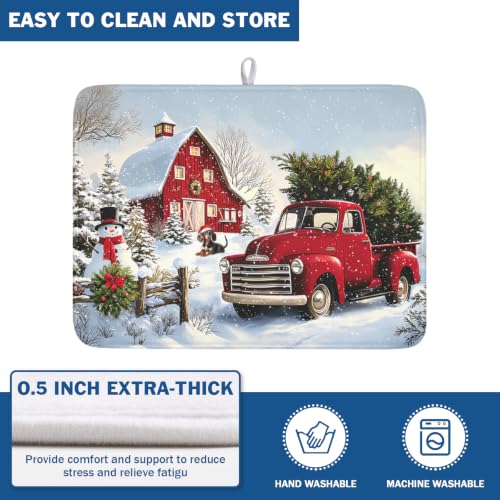 Red Truck Dish Drying Mat Winter Xmas Tree Drainer Rack Pad 18"x24" Microfiber Absorbent Quick Dry Dish Sink Mat for Table Kitchen Counter (Red Truck Snowman / 18x24 inch)