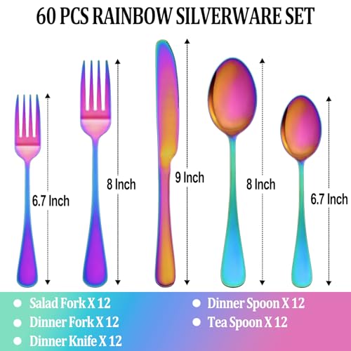 60 Pcs Rainbow Silverware Set Service for 12 (Rainbow)