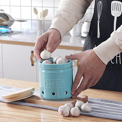 Garlic Keeper with Wooden Lid (Turquoise)