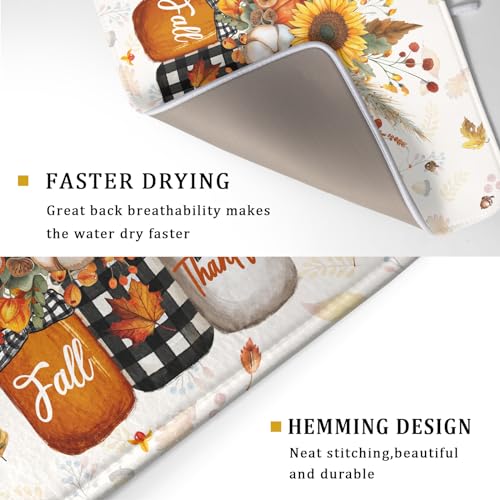 Autumn Pumpkin Dish Drying Mat 18x24 Inch Sunflower Flower Vase Washable Draining Mat with Hanging Loop Seasonal Holiday Home Decoration (Pumpkin Vase / 18" x 24")