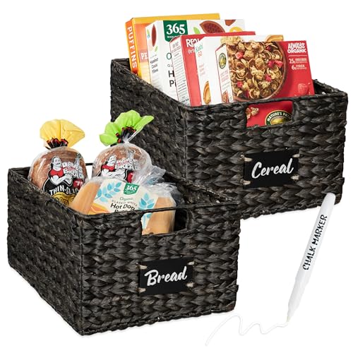 Pantry Baskets Set of 2 16x12in Water Hyacinth Storage Baskets (12x16x8in / Black)