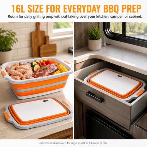 BBQ Prep Tub 16L Orange Collapsible Wash Basin with Drain Plug (Orange / X-Large)
