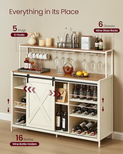 Coffee Bar Buffet Cabinet with LED Light and Power Outlet (With Power Outlet and Light / 14.2"D x 47.2"W x 44.9"H / Rustic White + Honey Brown)