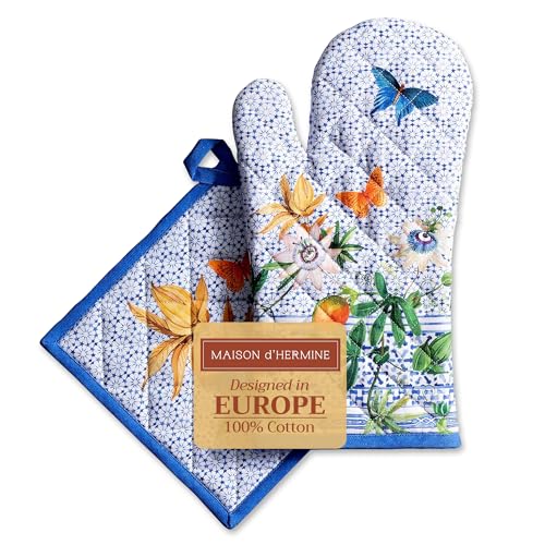 100% Cotton Oven Mitt & Pot Holder Set (087 - Passiflora / 7.5" x 13" & 8" x 8" (Oven Mitt & Pot Holder))