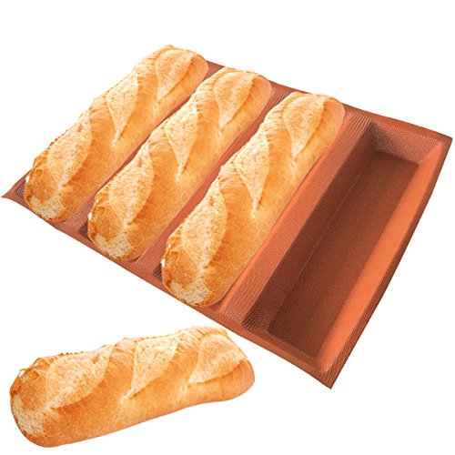 Silicone Bread Forms 12" Hot Dog Bread Molds Non Stick Silicone Coated Fiber Glass Bakery Trays Moulds (4 Caves 12" Hot Dog Shape)