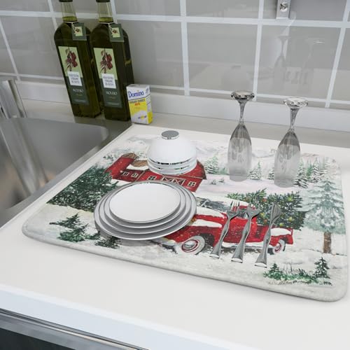 Winter Red Truck Dish Drying Mat Christmas Tree Dishes Pad 18x24 Inch Dish Drainer Rack Mats Absorbent Fast Dry Kitchen Holiday Accessories (Christmas Red Truck / 18" x 24")