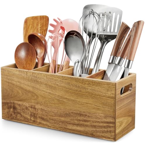 Acacia Wood Utensil Holder with Removable Divider (Acacia / 4 Compatment)