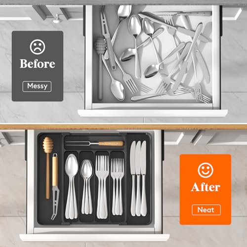 Silverware Organizer for Drawer (Black / Medium Slim(8.1-13.9''W x 11.3''D))