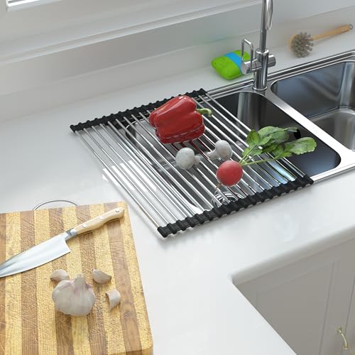 Expandable Roll Up Dish Drying Rack Over The Sink Rack (Black+silver Expandable)