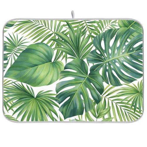 Green Monstera Palm Leaves Dish Drying Mat for Kitchen Counter Absorbent Microfiber Drying Pad (16" x 18")