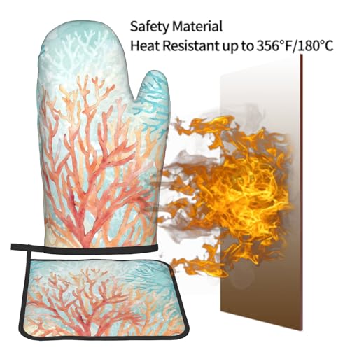 Coastal Coral Oven Mitts and Pot Holder Set of 2 Beach Ocean Heat Resistant Kitchen Oven Mittens Potholders for Baking Cooking Grilling BBQ (Coastal Coral)