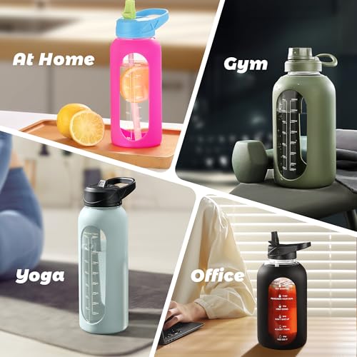 64 oz Glass Water Bottle with Straw (Wave Blue / 64 Ounces)