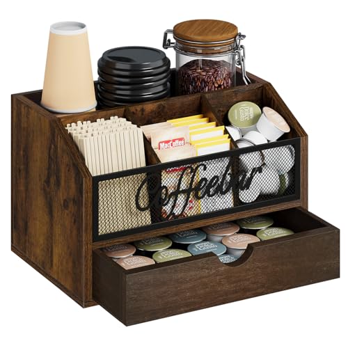 Coffee Station Organizer with Drawer for Countertop (Iron Mesh-Vintage Brown / 2 Tier)