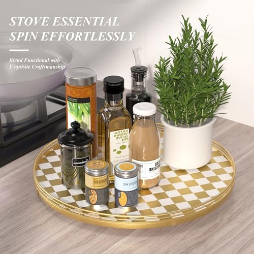 Gold and White Checkerboard Lazy Susan with Rubberwood Base and Metal Rail (Gold & White / 18 inches)