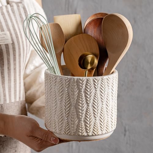 Utensil Holder Rustic Farmhouse Ceramic Utensil Crock for Countertop 5.3 (White)
