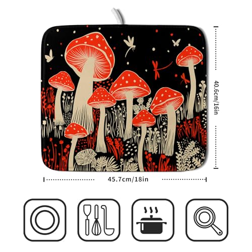 Red Mushroon Dish Drying Mat for Kitchen Counter Black Microfiber Absorbent Dish Pad Small (Red Mushroon 729 / 18" x 16")