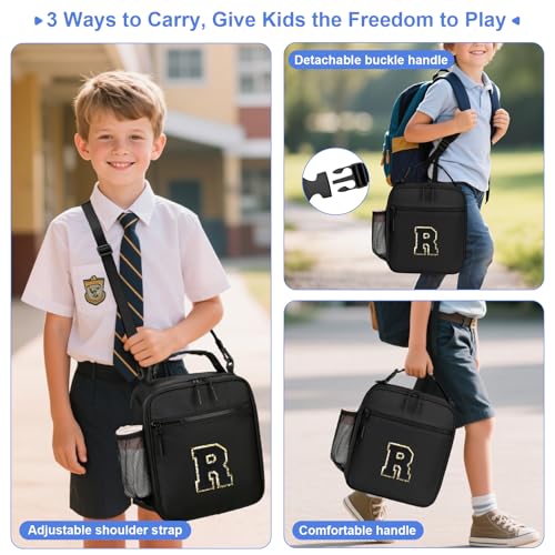 Lunch Box Kids Large Initial Insulated Lunch Bag for Girls (Black / R)