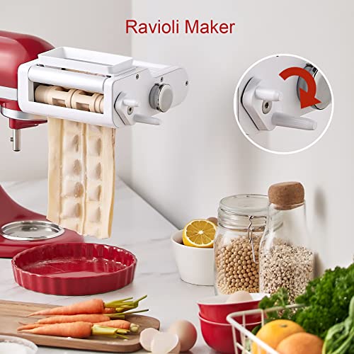 3-IN-1 Pasta Attachment & Ravioli Attachment for KitchenAid Stand Mixers, Pasta Maker Assecories included Pasta Sheet Roller, Spaghetti Cutter and Ravioli Maker Attachment (White/Silver)