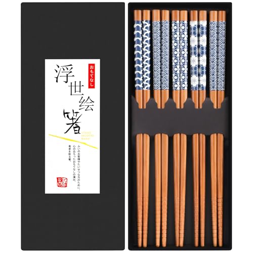 5 Pairs Natural Bamboo Chopsticks Reusable Classic Japanese Style Chop Sticks Gift Sets (Natural Bamboo Style 2)