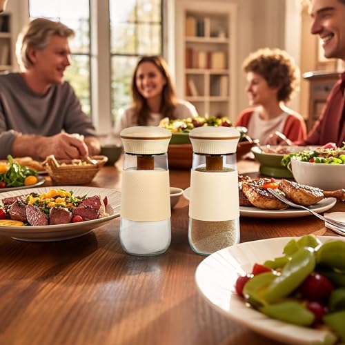2-in-1 Salt Shaker, Glass Salt and Pepper Shakers Set for Kitchen, Salt and Pepper Containers with 1g Measuring Spoon, Farmhouse Cute Salt Pepper Shakers for Home Easy Filling, 1PCS (White-1pcs)