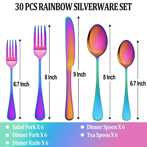 30 Pcs Rainbow Silverware Set Service for 6 (Rainbow)