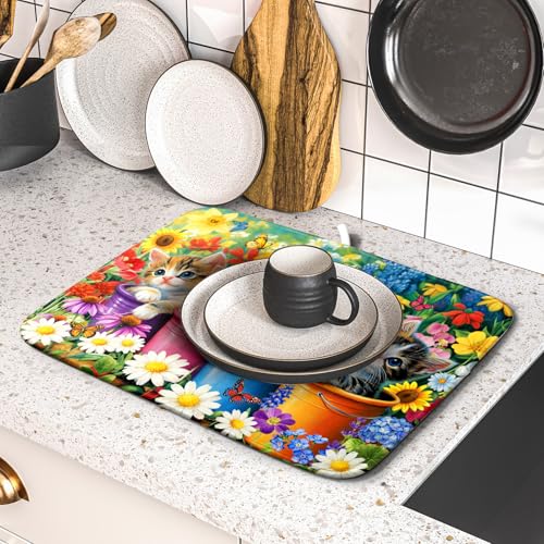 Funny Absorbent Dish Drying Mat Spring Cat Dish Drying Mats for Kitchen Counter Small (colorful Lovely Cat / 18" x 16")