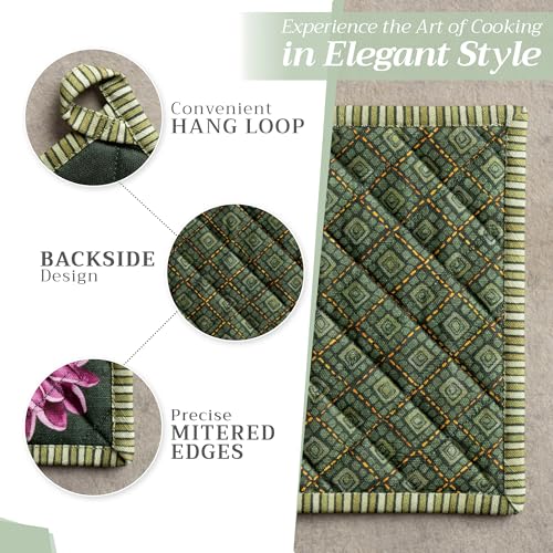 Pot Holders 100% Cotton Potholders (026 - Pumpkin Garden - Dark Green / 8" x 8" (Pot Holder Pack of 2))