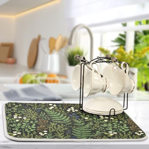 Sage Leaves Botanical Berry Plant Dish Drying Mat for Kitchen Counter Absorbent Microfiber Drying Pad (16" x 18")