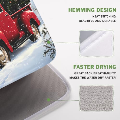 Red Truck Dish Drying Mat Winter Xmas Tree Drainer Rack Pad 16"x18" Microfiber Absorbent Quick Dry Dish Sink Mat for Table Kitchen Counter (Red Truck Snowman / 16x18 inch)