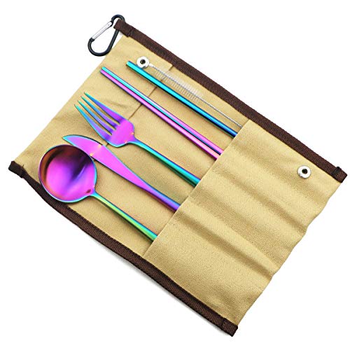 Reusable Travel Utensils (Khaki Pouch / Rainbow)