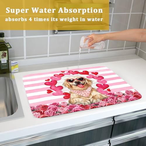 Valentine's Day Dog Dish Drying Mat for Kitchen Counter 18x24 inch Heart Rose Absorbent Dish Drainer Rack Mats for Coffee Bar Countertop (Heart Rose Dog / 24" x 18")