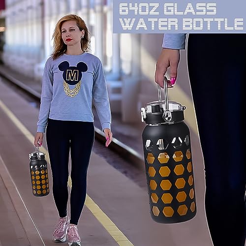 64oz Glass Water Bottle with Straw and Lid (Black / 64 Ounces)