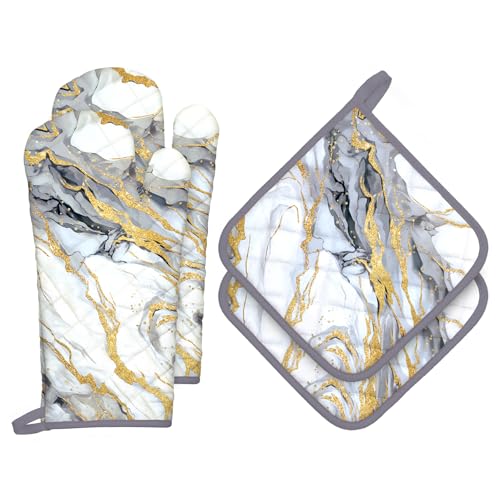 White Gold Marble Oven Mitts and Pot Holders Sets 4Pcs (Marble / Oven Mitt x2 & Pot Holder x2)