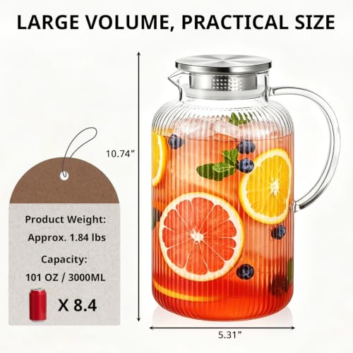 3 Liter 101 oz Stripes Glass Pitcher with Lid and Handle (Stripes Clear / 101.4 Ounces)