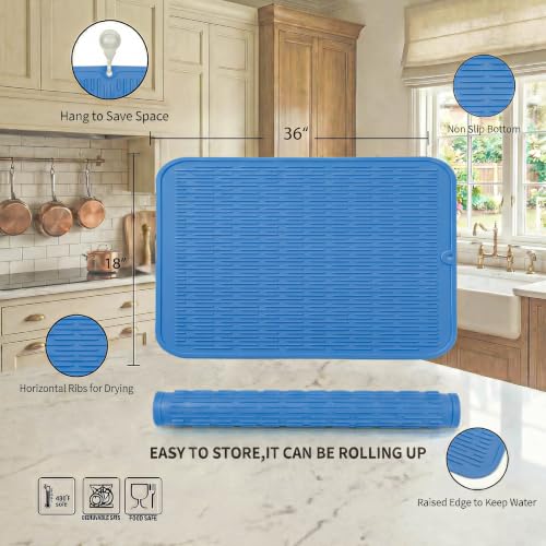 Silicone Dish Drying Mat for Multiple Usage (Lichen Blue / 36"L x 18"W)