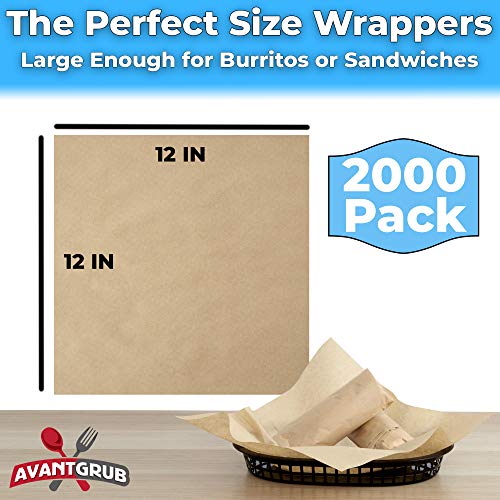 Eco Friendly Grease Proof 12" x 12" Deli Wrap 2000 Pk. Best Kraft Food Wrapping Paper Sheets for Picnic