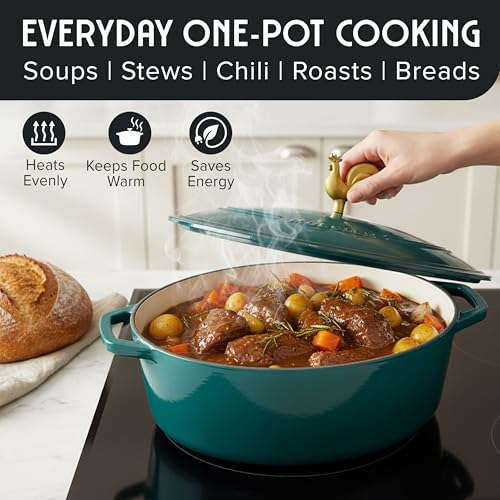 MUELLER HOME 5.5 Quart Enameled Cast Iron Oval Dutch Oven with Rooster Knob and Cotton Potholders (5.5 Quart -Oval / Emerald Green)