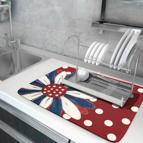 Patriotic Dish Drying Mat 18x24 In Red and Blue Daisy Microfiber Kitchen Draining Mat for Countertops (Patriotic Floral Red / 24" x 18")